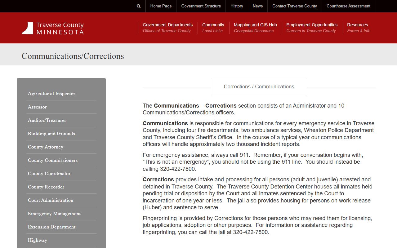 Traverse County Jail communications and corrections intake information