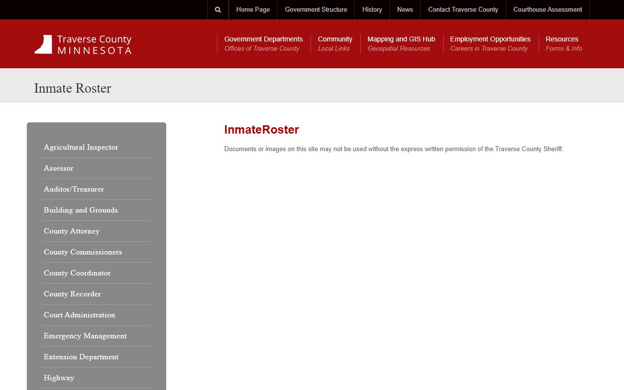 Traverse County inmate roster page for current jail population search