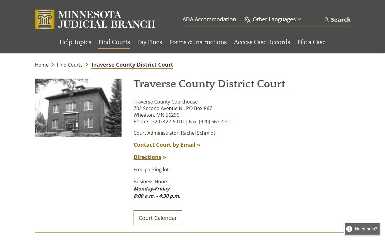 Traverse County District Court page from the Minnesota Judicial Branch